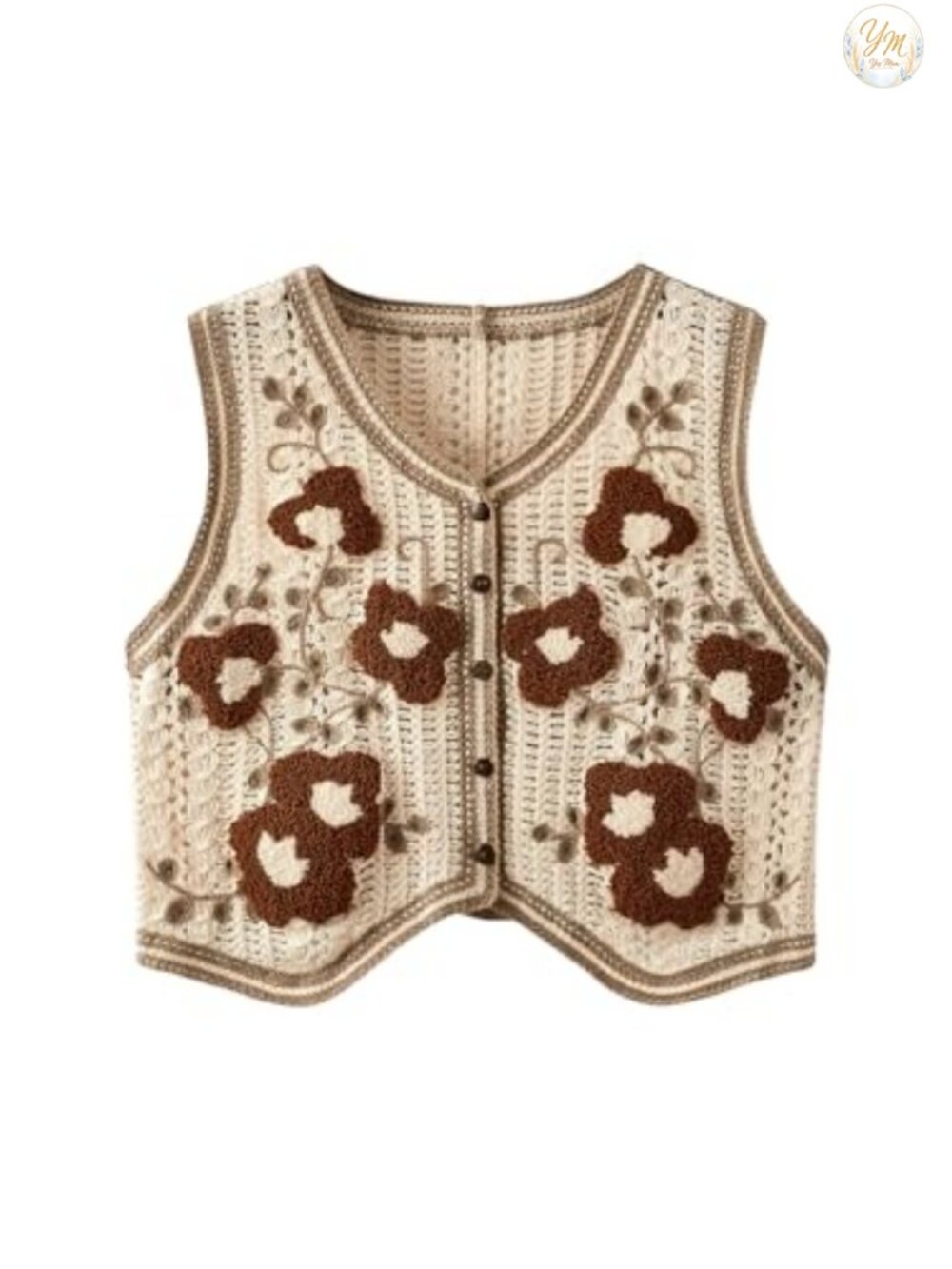 Sleeveless V Neck Button Front Crochet Plaid Checkered Knit Sweater Vest